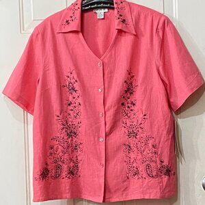 NWT A. K. C. Linen Blend  1X Blouse Button Up Short Sleeve Hot Pink Embroidered